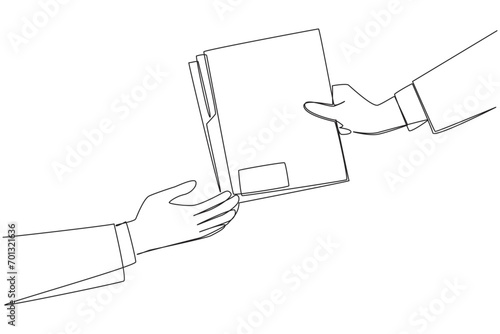 Continuous one line drawing hand gives document folder. Concept of sharing work data. Provide work that must be completed right away. Tidying up documents. Single line draw design vector illustration