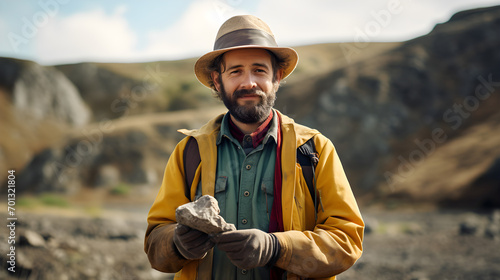 a geologist in field attire, holding a geological rock, with a rocky landscape or natural formation softly blurred behind. photo