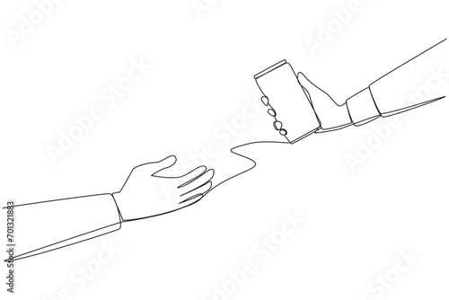 Single continuous line drawing hand giving canned drink. Soft drinks. Cold drink after exercise. Drinks high in sugar content. Not good to consume all the time. One line design vector illustration