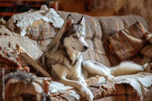 Husky dog chewed and destroyed the sofa and sits on it photo