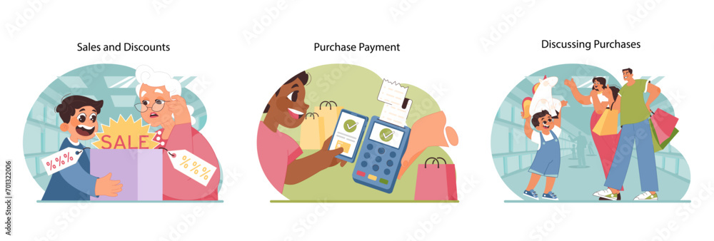 Retail excitement set. Grandchild and grandmother enjoying sales, secure card payments, family discussions post-shopping. Value of deals, financial literacy. Flat vector illustration