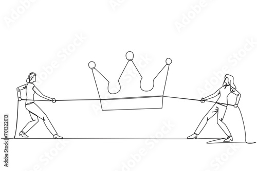 Single one line drawing two businesswomen fight for the crown. Competition to create highly profitable business empire. Facilitate personal interests. Continuous line design graphic illustration