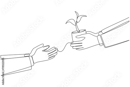 Single one line drawing businessman's hand gives a plant shoot to colleague. Investing shares in a partner's company. Increase capital to develop business. Continuous line design graphic illustration