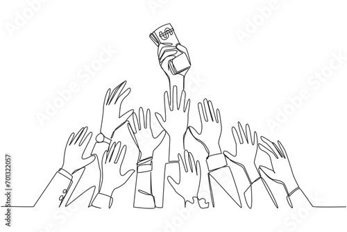 Continuous one line drawing hands fighting for banknotes. The strongest and longest hand capable of gaining profit. Receive attractive benefits. Save money. Single line draw design vector illustration