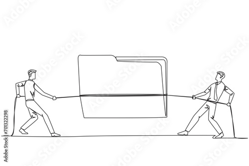 Continuous one line drawing two businessmen fighting over document folder. Competition for the best information for company progress. Important client data. Single line draw design vector illustration
