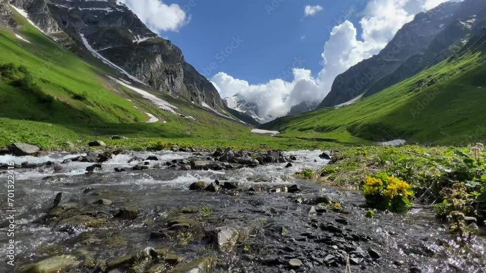 Breathtaking summer alpine landscape with lush green meadows, a flowing stream, and majestic snow-capped mountain peaks under a blue sky with clouds, Georgia Breathtaking summer alpine landscape with lush green meadows, a flowing stream, and majestic snow-capped mountain peaks under a blue sky with clouds, Georgia