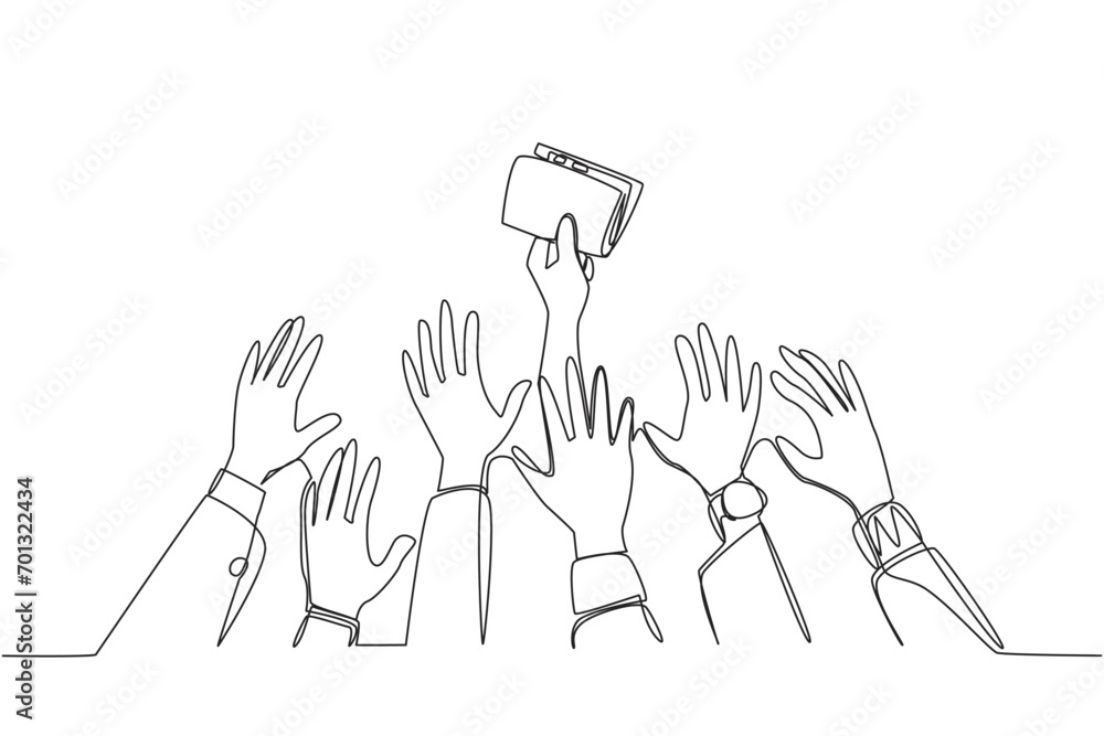 Fototapeta premium Single one line drawing hands fighting over the leather wallet. Fighting over something that is not your right. Bad business. Won't get much benefit. Continuous line design graphic illustration