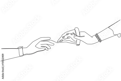 Single continuous line drawing hand giving slice of pizza. Foods that ruin diet pattern. Usually these foods have high levels of fat, salt and calories. Junk food. One line design vector illustration