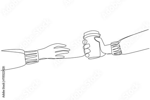 Continuous one line drawing a hand gives a paper cup. Buying a cup of warm coffee will increase the concentration. Drinking warm tea can relax the body. Single line draw design vector illustration