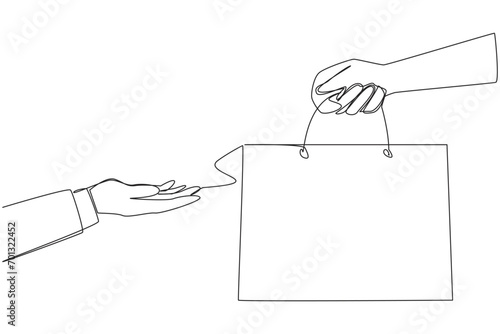 Continuous one line drawing of hand giving paper bag. Eco-friendly shopping bag. Reduce the use of plastic materials. Bag for practical storage. Save earth. Single line draw design vector illustration