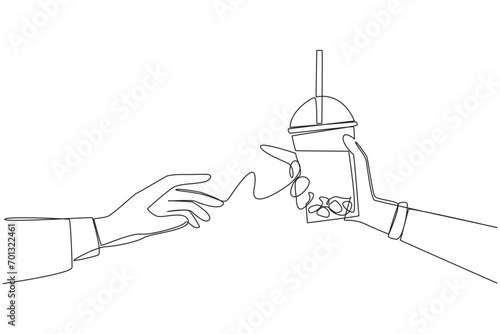 Single one line drawing hand giving boba drink. Refreshing drink that is high in sugar content. Drinks containing carbohydrates. Refreshing drink in summer. Continuous line design graphic illustration