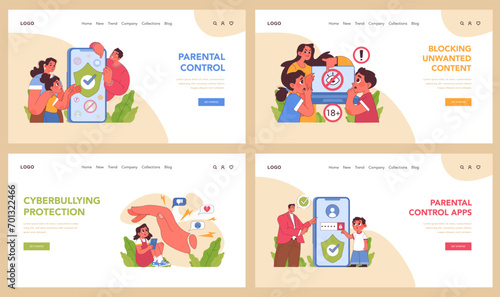 Parental control set. Managing child safety online with diverse applications. Family engaging in digital education, content filtering, and activity monitoring. Flat vector illustration