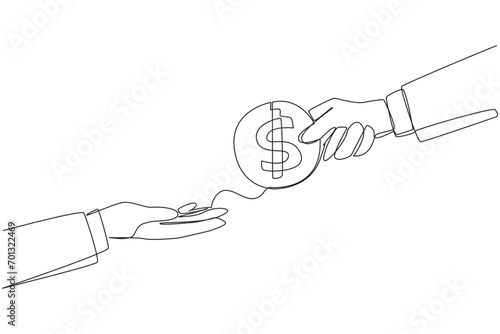 Single continuous line drawing a hand gives a coin with a dollar symbol to colleague. Pay for something. Haggle over price. Agree on the lowest price. Change money. One line design vector illustration