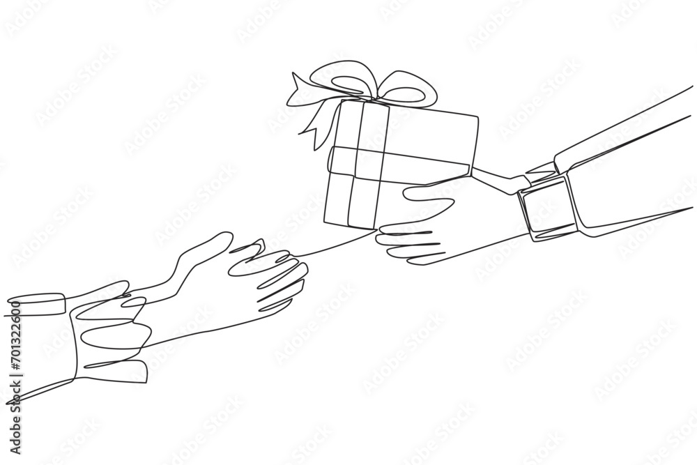 Continuous one line drawing a hand gives a gift box to a partner. Gifts that make a positive impression. Thank you in the form of a gift. Best moment. Single line draw design vector illustration