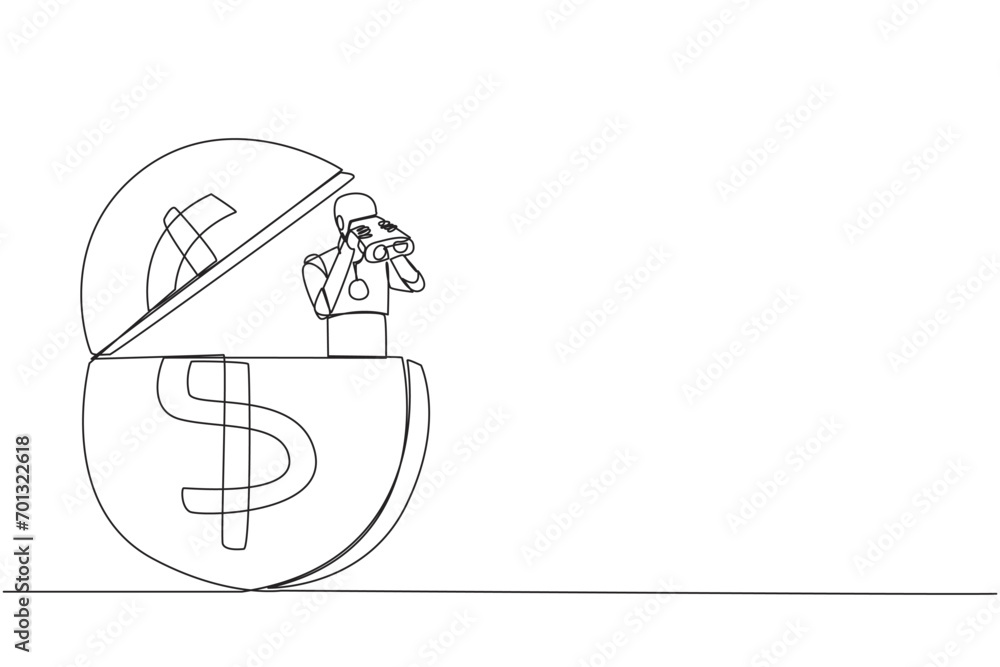 Single one line drawing a robot emerges from dollar symbol coin look for something with binocular. Scan. Analyzing needs during retirement. Preparation. Continuous line design graphic illustration Single one line drawing a robot emerges from dollar symbol coin look for something with binocular. Scan. Analyzing needs during retirement. Preparation. Continuous line design graphic illustration