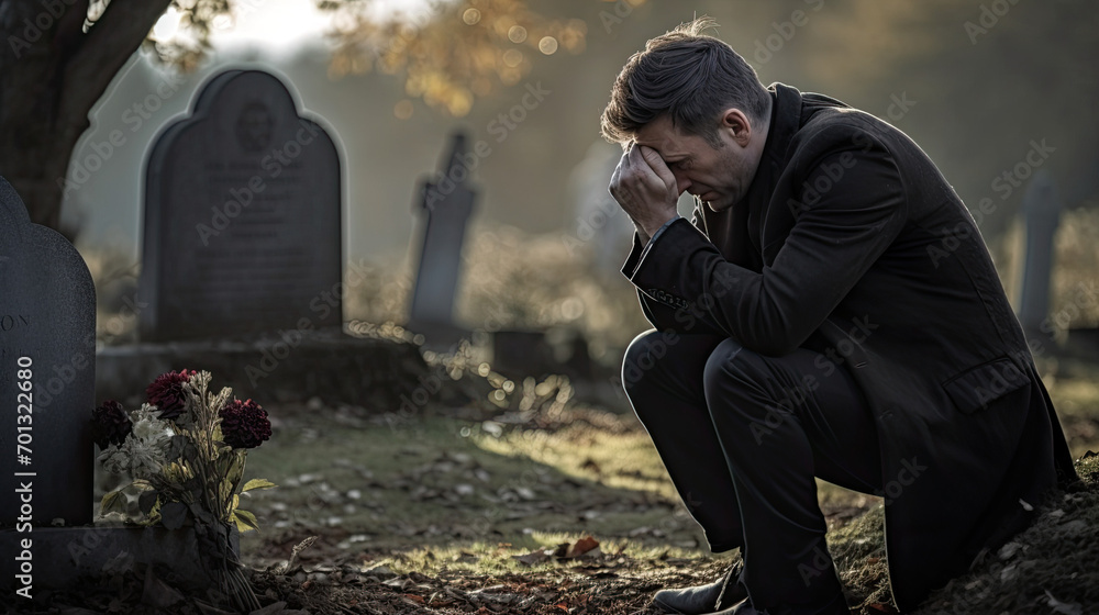 Christian man crying next to a grave with a headstone for a deceased relative in the family Christian man crying next to a grave with a headstone for a deceased relative in the family