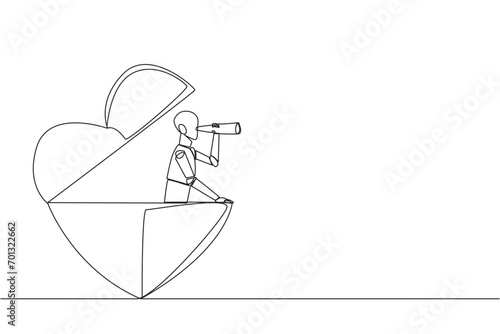 Single one line drawing a robot emerges from shape of a heart look for something with binoculars. Scan. Analyzing social sensitivity. Unfair business. Continuous line design graphic illustration