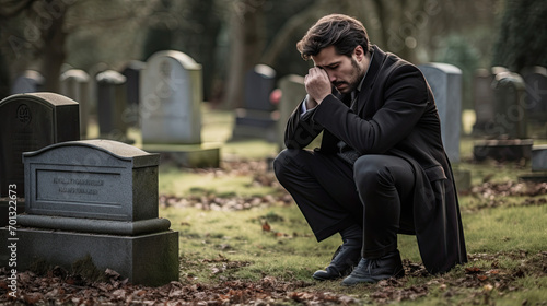 Christian man crying next to a grave with a headstone for a deceased relative in the family 