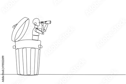 Continuous one line drawing a robot emerges from trash bin looking for something through binocular. Scan. Analyze recyclable materials. Environmental care. Single line draw design vector illustration