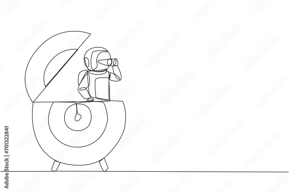 Continuous one line drawing astronaut emerges from arrow target board look for something with binocular. Invite to focus on observation to quickly return to earth. Single line draw vector illustration