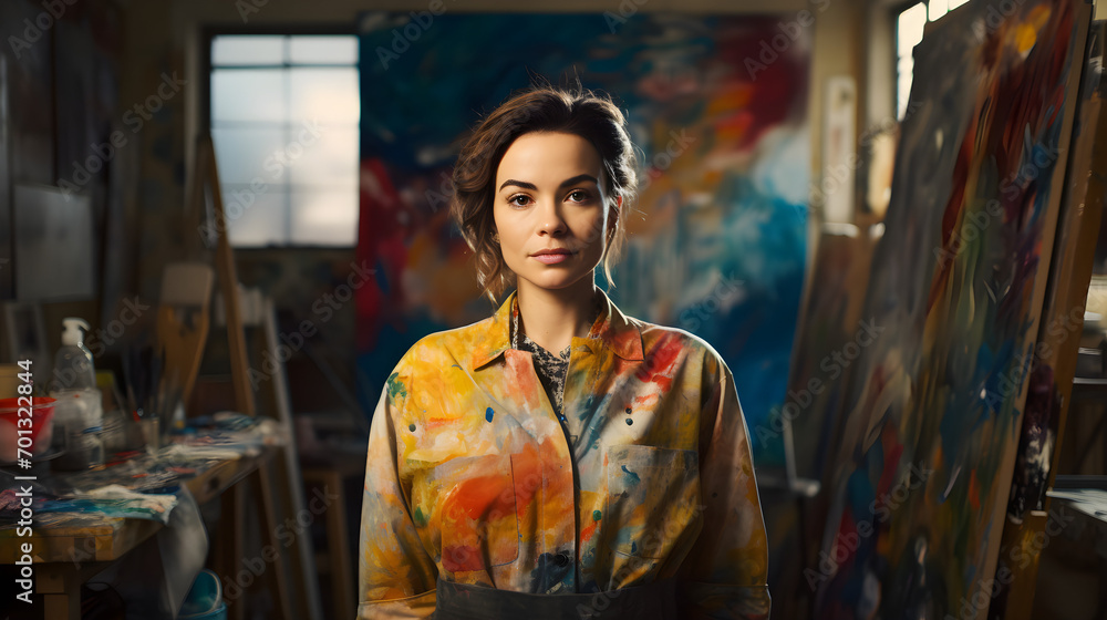 a lady artist in a creative studio, standing, wearing a smock full of paint stains, with colorful artworks softly blurred in the background.