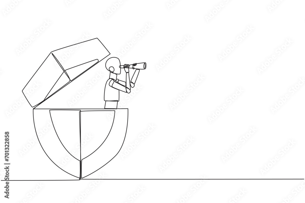 Single one line drawing a smart robot emerges from the shield looking ...
