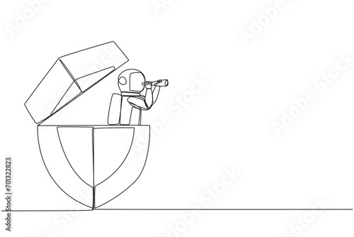 Single continuous line drawing the astronaut emerges from the shield looking for something with binoculars. Provides multiple layers for safe flights back to earth. One line design vector illustration