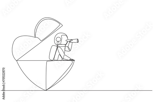 Single continuous line drawing astronaut emerges from heart shape look for something with binoculars. Strong determination to get married after returning from expedition. One line vector illustration