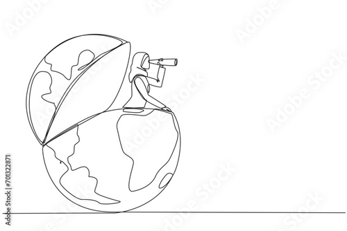 Continuous one line drawing Arabian businesswoman emerges from globe looking for something with binoculars. Ensure business rivals are still at the bottom. Single line draw design vector illustration