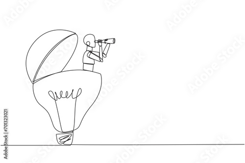 Continuous one line drawing a robot emerges from lightbulb looking for something with binoculars. Scan. Analyzing opinions. Business brilliance is needed. Single line draw design vector illustration