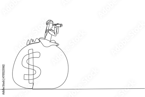 Single one line drawing Arabian businessman pops out of money bag looking for something through binoculars. More than adequate retirement funds. Gratefully. Continuous line design graphic illustration