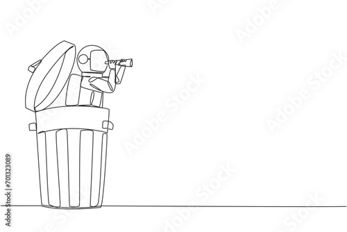 Continuous one line drawing astronaut emerges from a dumpster look for something with binoculars. Ensure material waste from space is not brought to earth. Single line draw design vector illustration