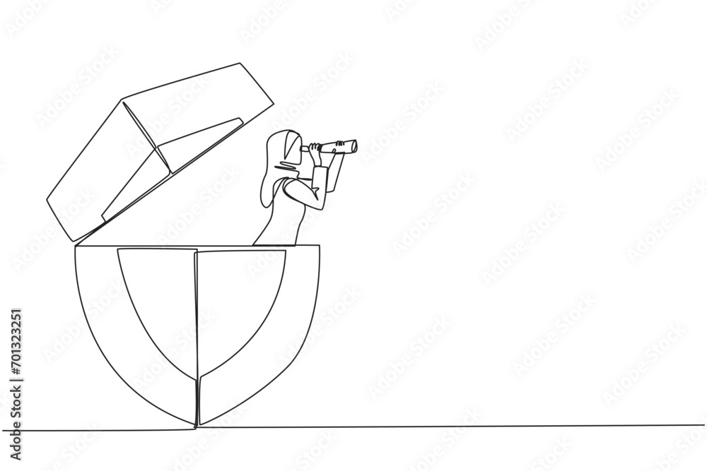 Single continuous line drawing Arab businesswoman emerges from shield look for something with binoculars. Combining knowledge and experience for data protection. One line design vector illustration Single continuous line drawing Arab businesswoman emerges from shield look for something with binoculars. Combining knowledge and experience for data protection. One line design vector illustration