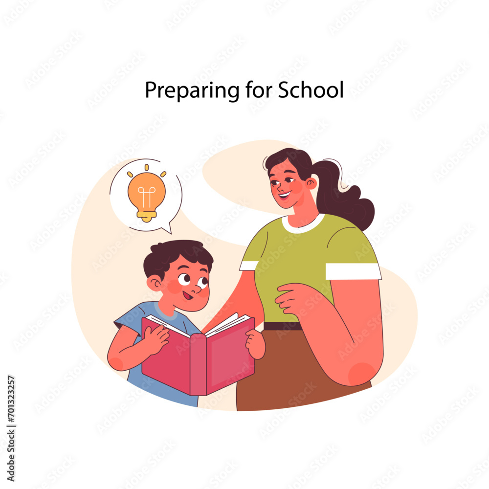 Preparing for School concept. A nurturing moment as a mother guides her curious child through a book, sparking ideas for a new academic adventure. Flat vector illustration Preparing for School concept. A nurturing moment as a mother guides her curious child through a book, sparking ideas for a new academic adventure. Flat vector illustration