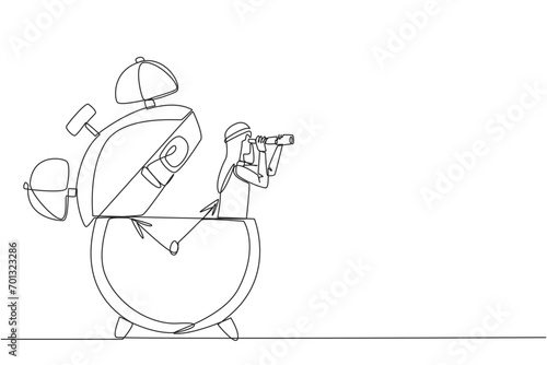 Single one line drawing Arabian businessman appears out of the alarm clock looking for something with binoculars. Unavoidable. The deadline is coming soon. Continuous line design graphic illustration