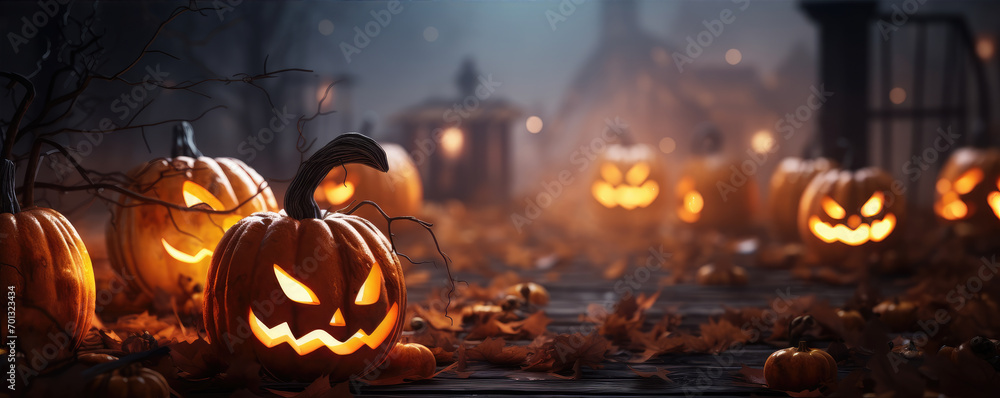 Naklejka premium Scary Halloween pumpkins on the ground. Helloween background