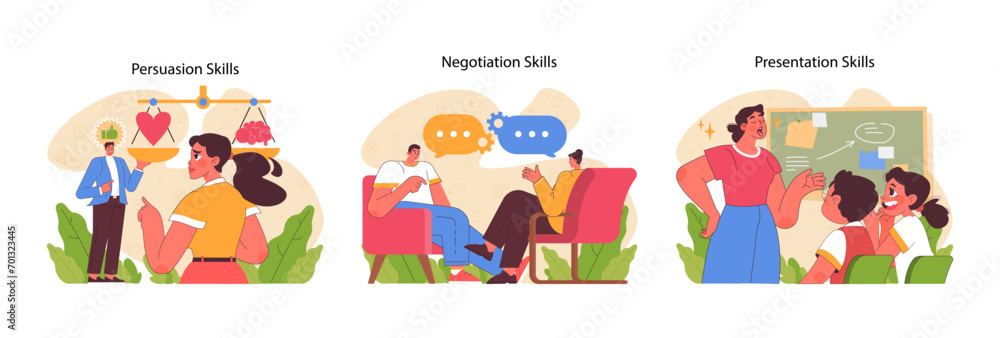 Fototapeta premium Persuasion, negotiation, and presentation skills concept. Influence, agreement forging, and effective communication. Essential for personal and professional growth. Flat vector illustration