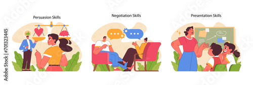 Fototapeta Naklejka Na Ścianę i Meble -  Persuasion, negotiation, and presentation skills concept. Influence, agreement forging, and effective communication. Essential for personal and professional growth. Flat vector illustration