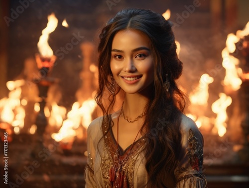 Medieval Asian beauty girl in a corset, standing among candles