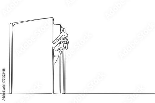 Single one line drawing businesswoman coming out of old book holding binocular. Find out the history of company's founding. Cultivate a sense of curiosity. Continuous line design graphic illustration