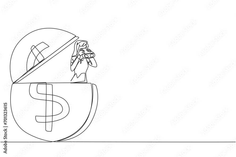 Single continuous line drawing businesswoman coming out of coin holding binocular. Looking for extra money for a decent life in old age. Looking for opportunity. One line design vector illustration Single continuous line drawing businesswoman coming out of coin holding binocular. Looking for extra money for a decent life in old age. Looking for opportunity. One line design vector illustration