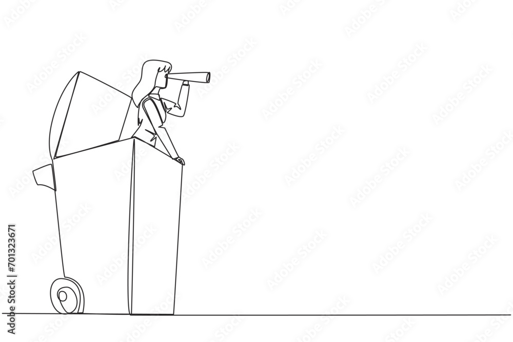 Obraz premium Single one line drawing businesswoman gets out of a wheeled bin looking for something through binoculars. Secure the company from media slander. Throw away. Continuous line design graphic illustration