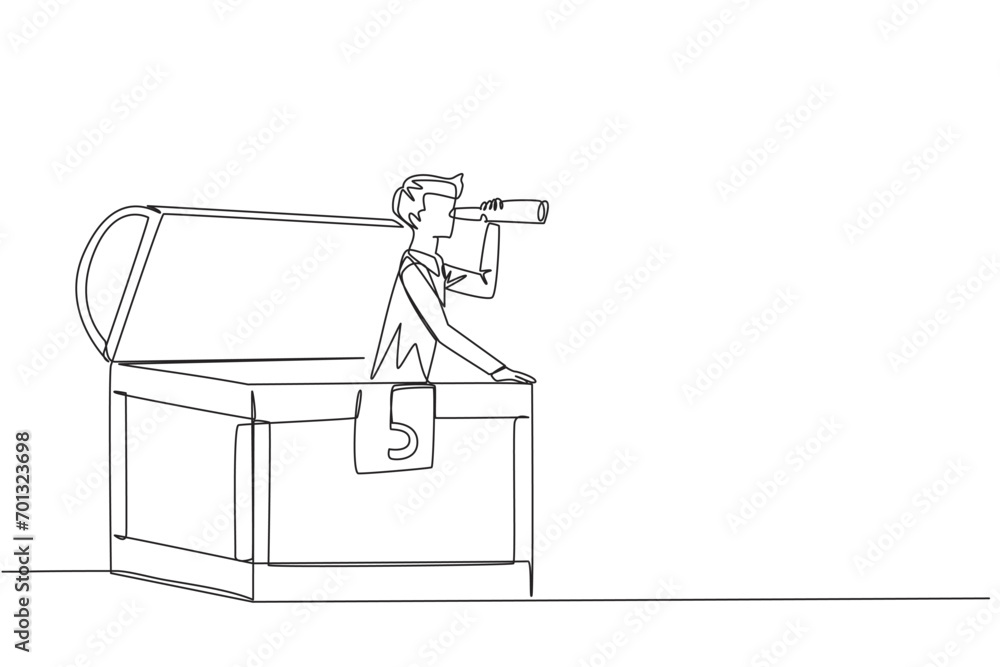 Single continuous line drawing businessman emerges from treasure chest looks for something through binoculars. Luck leads to treasure. Successful rich businessman. One line design vector illustration