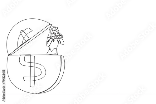 Single continuous line drawing businesswoman coming out of coin holding binocular. Looking for extra money for a decent life in old age. Looking for opportunity. One line design vector illustration