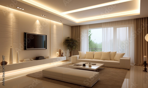 Creamy modern living room. Minimalist style interior design.