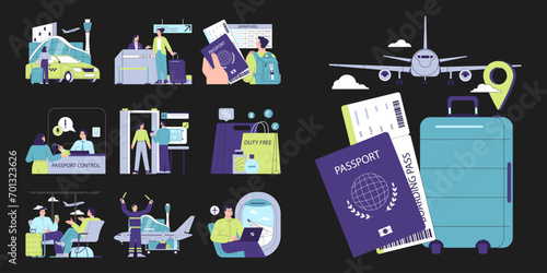 People in the airport dark or night mode set. Characters checking-in on a flight, at the security scanner and passport control. Passenger with baggage. Travel and tourism. Flat vector illustration