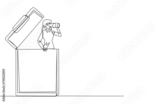 Continuous one line drawing businesswoman comes out of clipboard looking for something through binoculars. Looking for volunteers to fill in report form. Single line draw design vector illustration