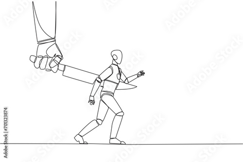 Single one line drawing robotic stabbed in the back by a large knife. Cheated to ruin by a business partner. An enemy disguised as a friend. The traitor. Continuous line design graphic illustration