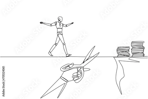 Continuous one line drawing the smart robot walking on tightrope from one cliff to another. Failed to move to much better place. Cheated by business friend. Single line draw design vector illustration