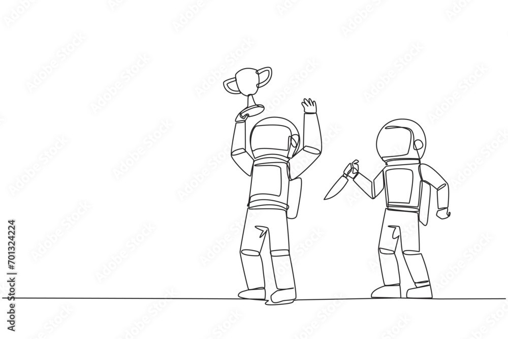Single continuous line drawing the astronaut standing lifting trophy. Business friends prepare to stab in the back. Unhealthy business competition. The traitor. One line design vector illustration